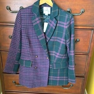 Sam Edelman Braelynn Checked Double Breasted Blazer in Navy Purple Plaid NWT